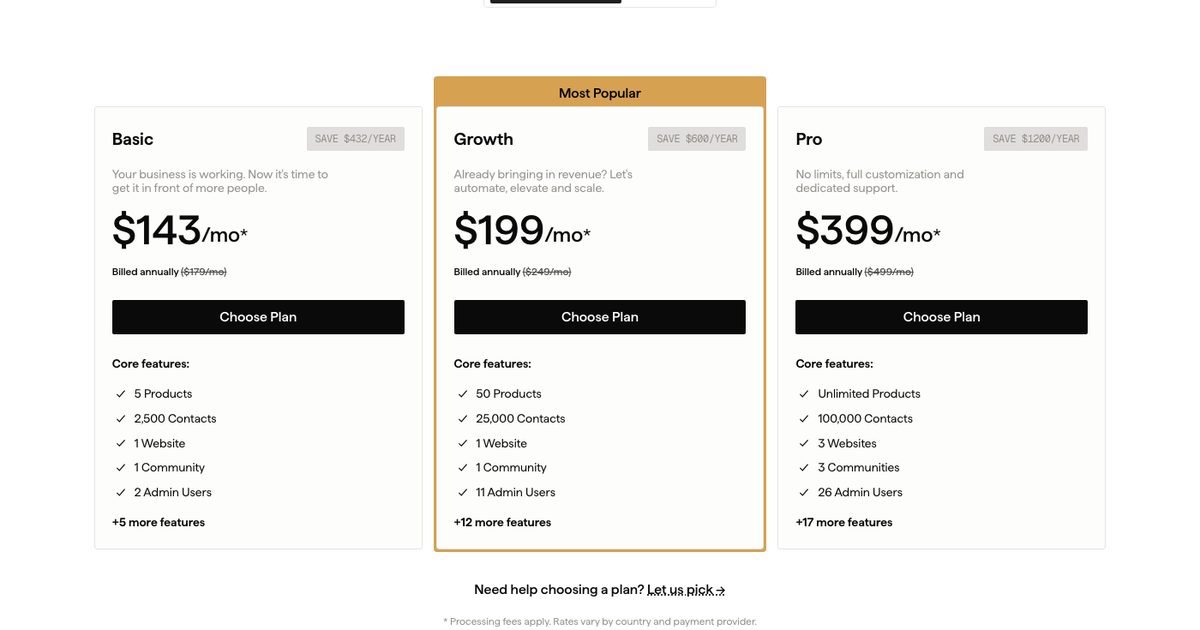 Kajabi pricing plans screenshot