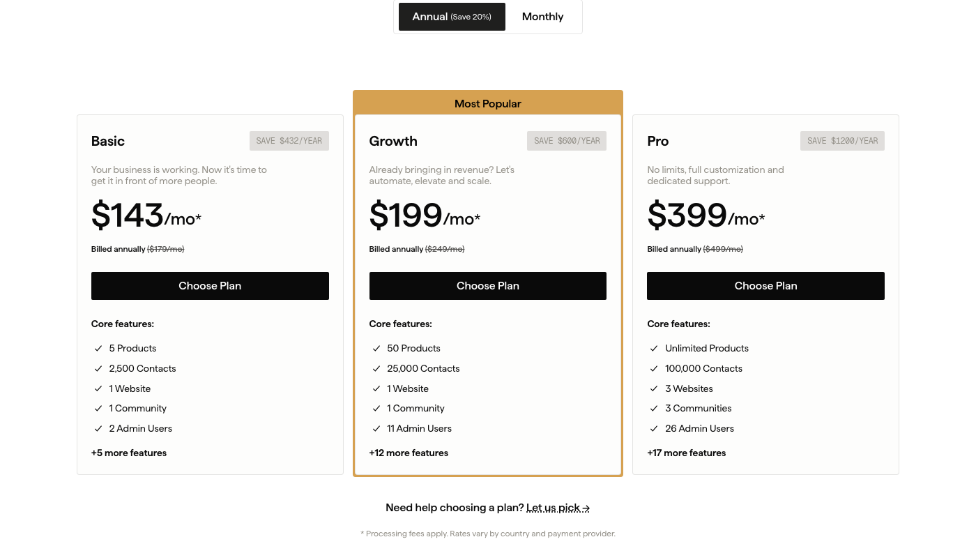 Kajabi pricing page showing Basic $143, Growth $199, and Pro $399 per month billed annually