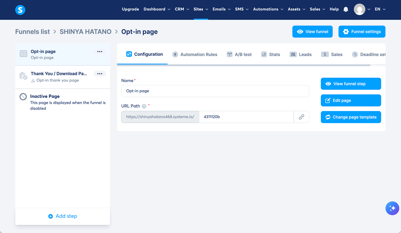 Systeme.io funnel editor showing an opt-in page and thank-you page created automatically