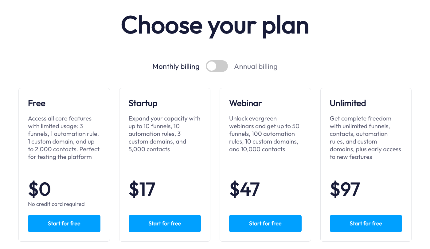 Systeme.io pricing page showing Free $0, Startup $17, Webinar $47, and Unlimited $97 monthly plans