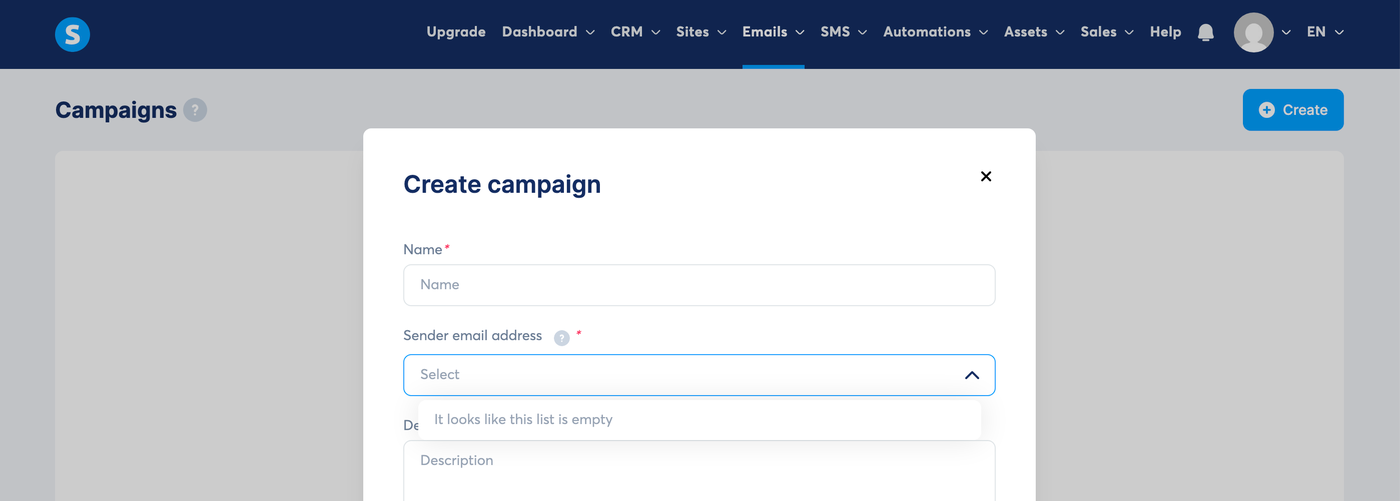 Systeme.io campaign creation modal showing the sender email address dropdown with the message it looks like this list is empty, before a domain has been verified