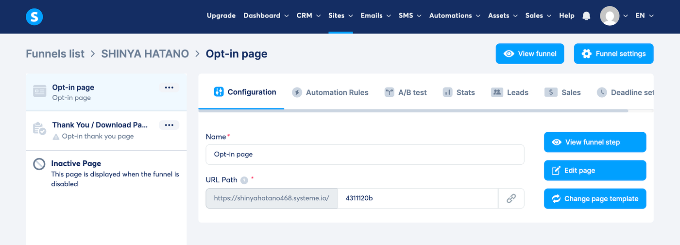 Systeme.io sub-accounts screen showing one sub-account created for free with its own contacts, funnels, blogs, courses, and creator stores counters